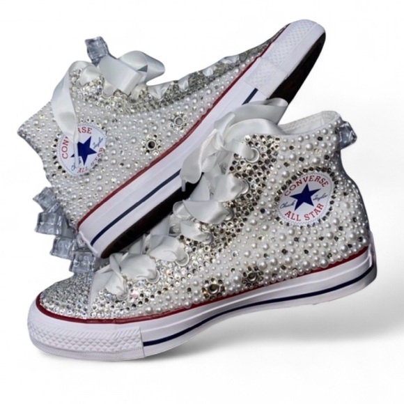 Crystals Diamond & Pearls High Top Converse Sizes 5-14 New With Ribbon Laces - Picture 6 of 15